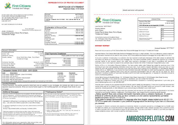 Extrato de hipoteca do First Citizens Bank de Trinidad e Tobago em formatos Word e PDF, 3 páginas 1 2 modelo